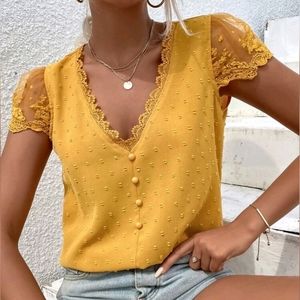 New Boho Embroidered Lace V Neck Top Blouse Swiss Dot Yellow